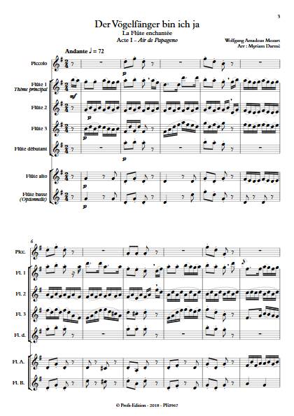 Der Vögelfänger bin ich ja - Ensemble de Flûtes - MOZART W.A. - Partition