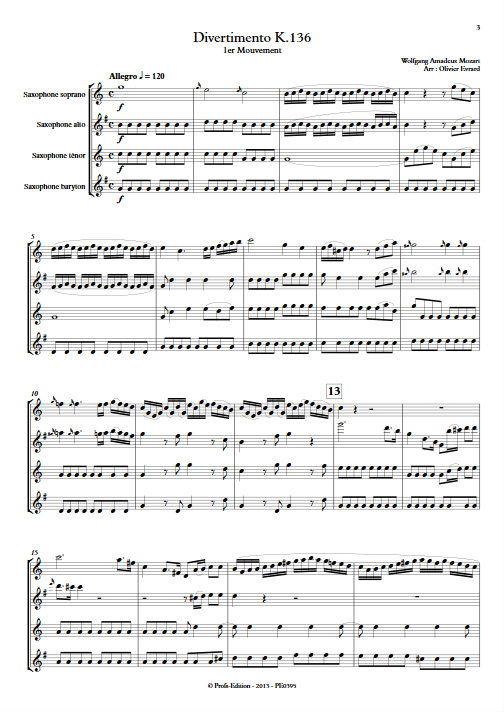 Divertimento KV 136 - Quatuor de Saxophones - MOZART W. A. - Partition