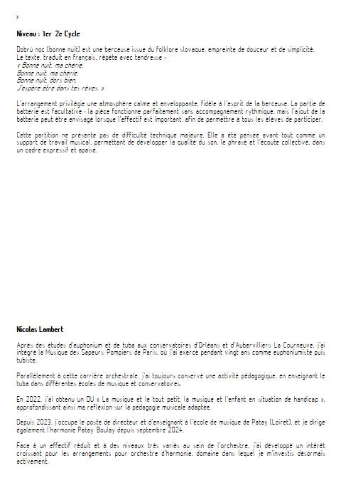 Dobrù noc - Orchestre d'harmonie - TRADITIONNEL SLOVAQUE - Fiche Pédagogique