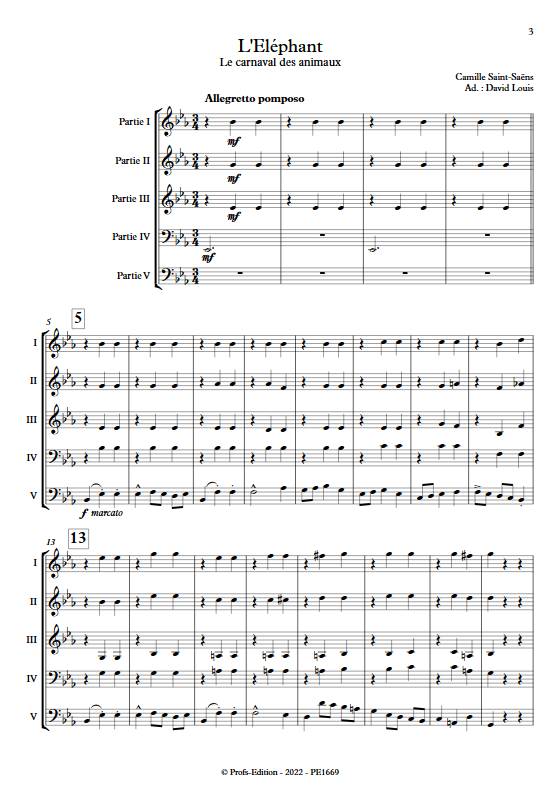 L'Eléphant, La carnaval des animaux - Ensemble Variable - SAINT-SAENS C. - Partition