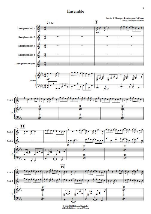 Ensemble - Ensemble de Saxophones - GOLDMAN J.J. - Partition