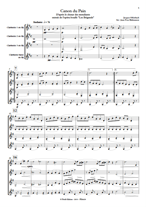 Canon du Pain - Quatuor de Clarinettes - OFFENBACH J. - Partition