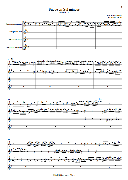 Fugue BWV 578 - Quatuor de Saxophones - BACH J. S. - Partition