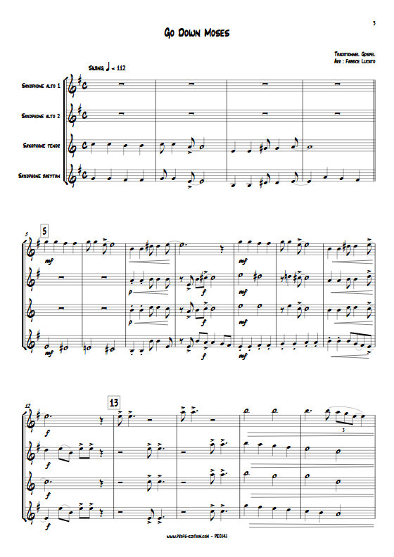 Go Down Moses - Quatuor de Saxophones - TRADITIONNEL GOSPEL - Partition