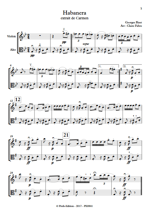 Habanera - Duo Violon et Alto - BIZET G. - Partition