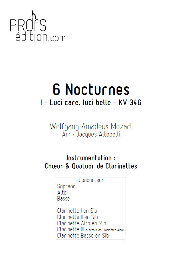 Luci care KV 346 - Chœur & Quatuor Clarinettes - MOZART W. A. - page de garde