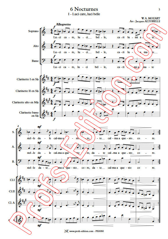 Luci care KV 346 - Chœur & Quatuor Clarinettes - MOZART W. A. - Partition