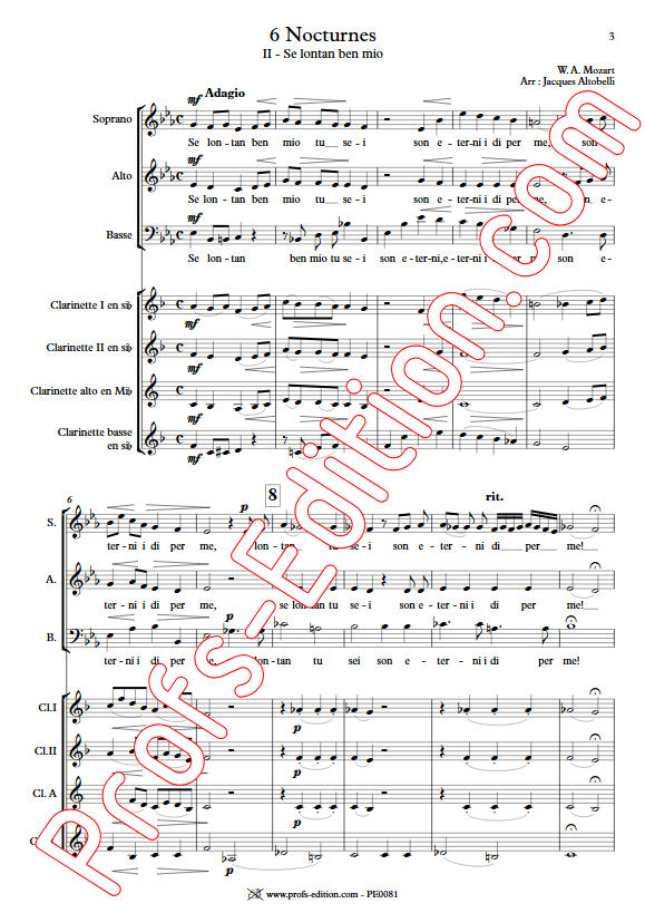Se lontan ben mio KV 438 - Chœur & Quatuor Clarinettes - MOZART W. A. - Partition