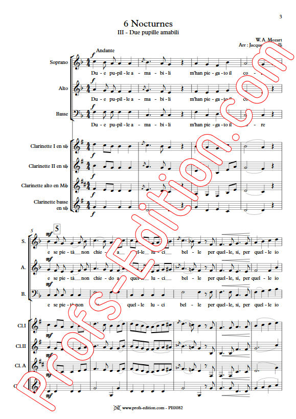 Due pupille amabili KV 439 - Chœur & Quatuor Clarinettes - MOZART W. A. - Partition