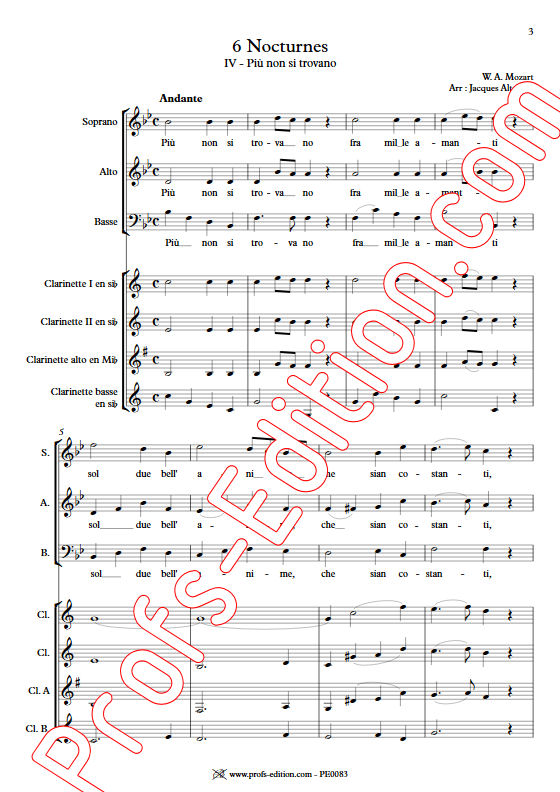 Più non si trovano KV 549 - Chœur & Quatuor Clarinettes - MOZART W. A. - Partition