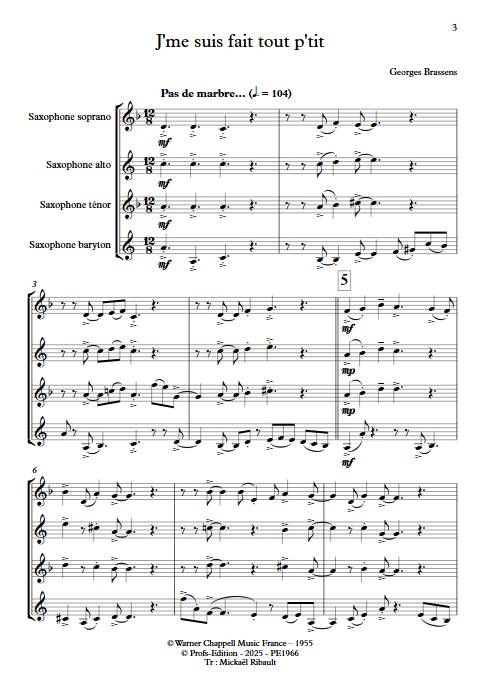 J'me suis fais tout petit - Quatuor de Saxophones - BRASSENS G. - Partition