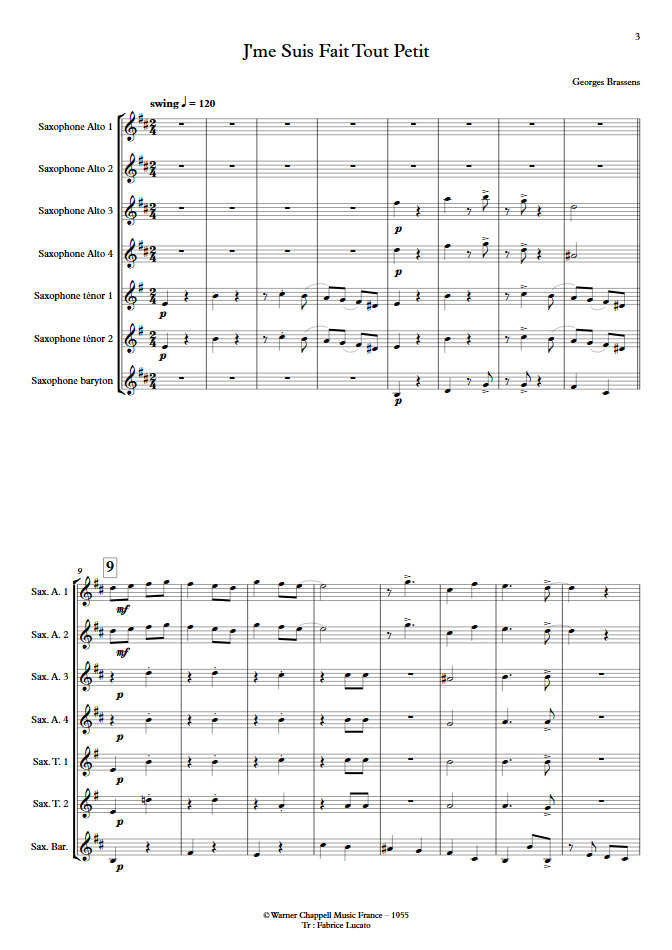 J'me suis fais tout petit - Ensemble de Saxophones - BRASSENS G. - Partition