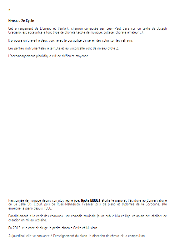 L'Oiseau et l'enfant - 2 voix et Trio - CARA J.P. - Fiche Pédagogique