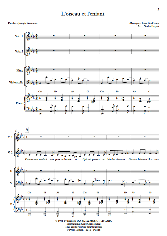 L'Oiseau et l'enfant - 2 voix et Trio - CARA J.P. - Partition