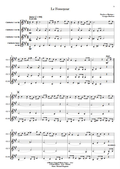 Le Fossoyeur - Quatuor de Clarinettes - BRASSENS G. - Partition