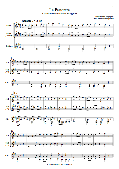 La Pastoreta - Trio Flûtes et Guitare - Traditionnel - Partition