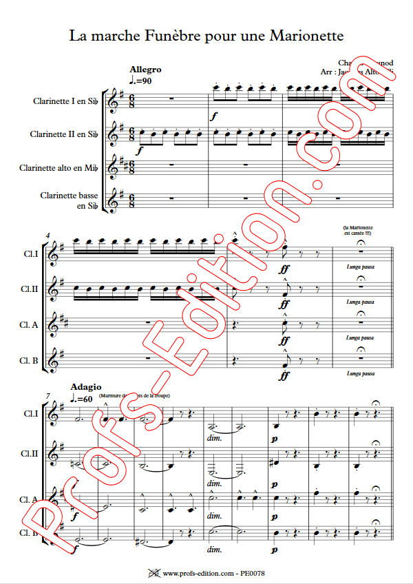 La marche funèbre de la Marionette - Quatuor Clarinettes - GOUNOD C. - Partition