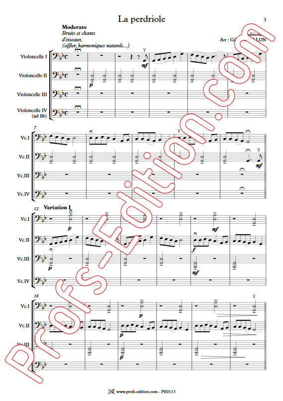 La Perdriole - Trio ou Quatuor Violoncelles - TRADITIONNEL - Partition