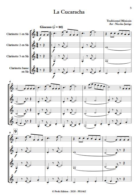 La Cucaracha - Quatuor de clarinettes - TRADITIONNEL MEXICAIN - Partition