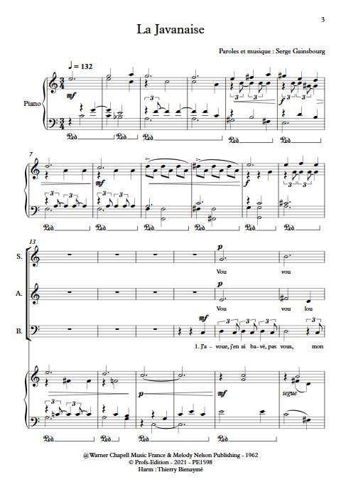 La Javanaise - Chœur 3 Voix - GAINSBOURG S. - Partition