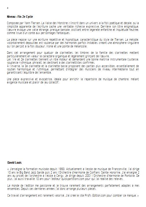 La Valse des Monstres - Quatuor de Clarinettes - TIERSEN Y. - Fiche Pédagogique