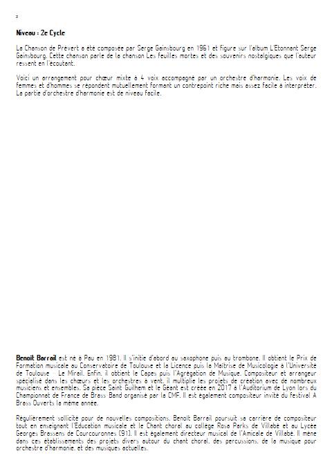 La Chanson de Prévert - Chœur mixte 4 Voix et Orchestre d'harmonie - GAINSBOURG S. - Fiche Pédagogique