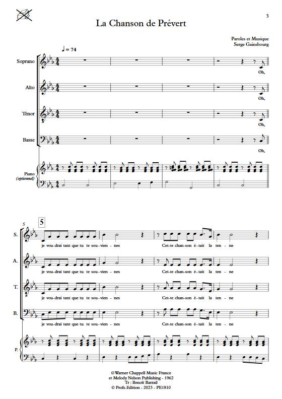 La Chanson de Prévert - Chœur mixte 4 Voix - GAINSBOURG S. - app.scorescoreTitle