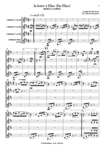 La lettre à Elise - Quatuor de Clarinettes - BEETHOVEN L. V. - Partition