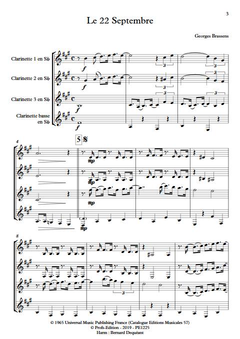 Le 22 Septembre - Quatuor de Clarinettes - BRASSENS G. - Partition