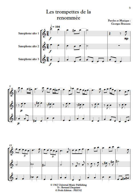 Les trompettes de la renommée - Trio de Saxophones égaux - BRASSENS G. - app.scorescoreTitle