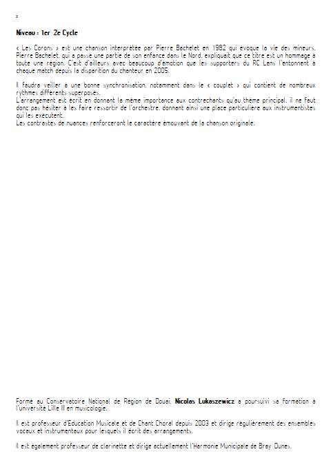 Les corons - Orchestre d'harmonie - BACHELET P. - Fiche Pédagogique