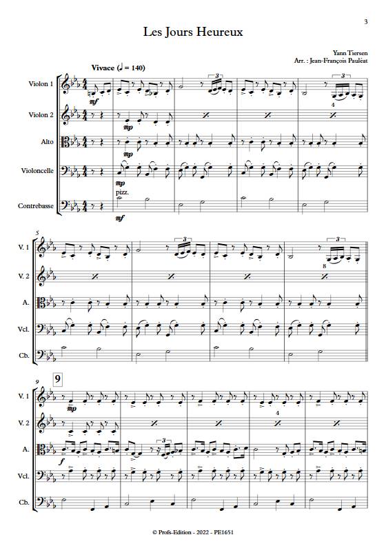 Les jours heureux - Quintette à cordes - TIERSEN Y. - Partition