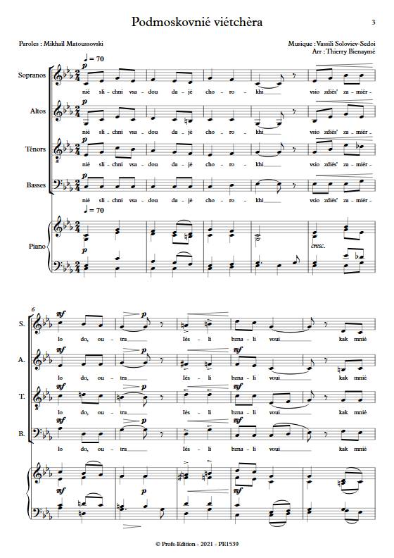 Les nuits de Moscou - Chœur mixte - SOLOVIEV-SEDOI V. - Partition
