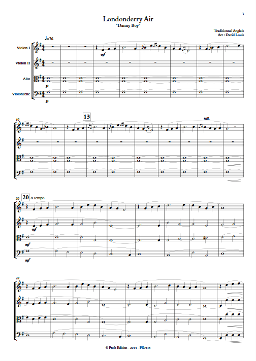 Londonderry Air - Quatuor à Cordes - TRADITIONNEL IRLANDAIS - Partition