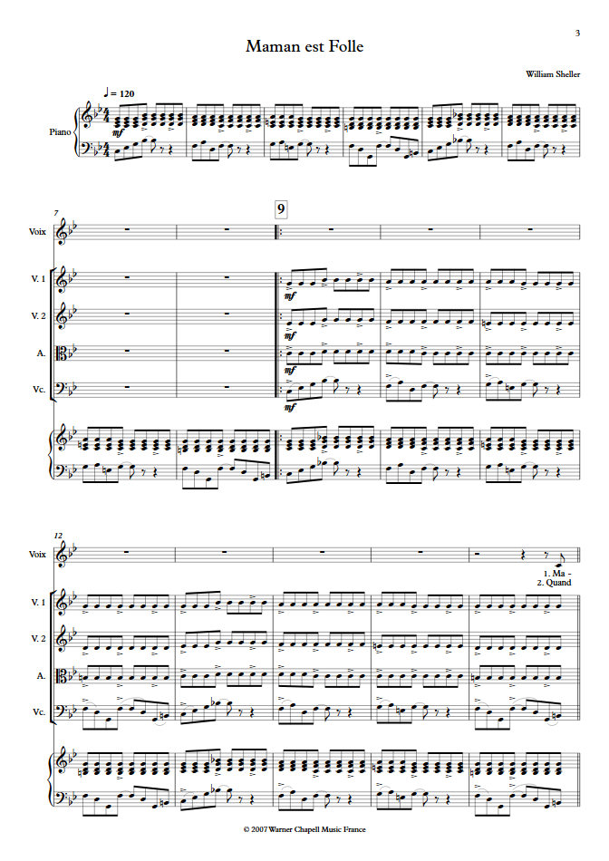 Maman est Folle - Chant et Quintette à Cordes - SHELLER W. - Partition