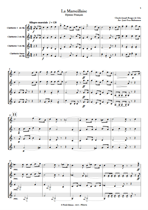 La Marseillaise - Quatuor de Clarinettes - ROUGET DE LISLE C. J. - Partition