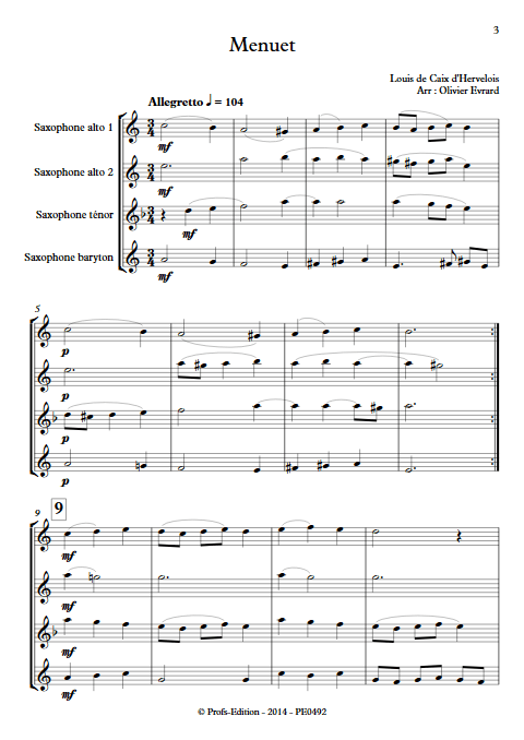 Menuet - Quatuor de Saxophones - d'HERVELOIS Louis de Caix - app.scorescoreTitle