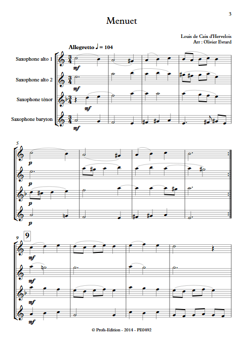 Menuet - Quatuor de Saxophones - d'HERVELOIS Louis de Caix - Partition