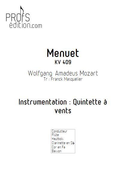 Menuet KV 409 - Quintette à vents - MOZART W. A. - page de garde