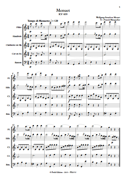 Menuet KV 409 - Quintette à vents - MOZART W. A. - Partition