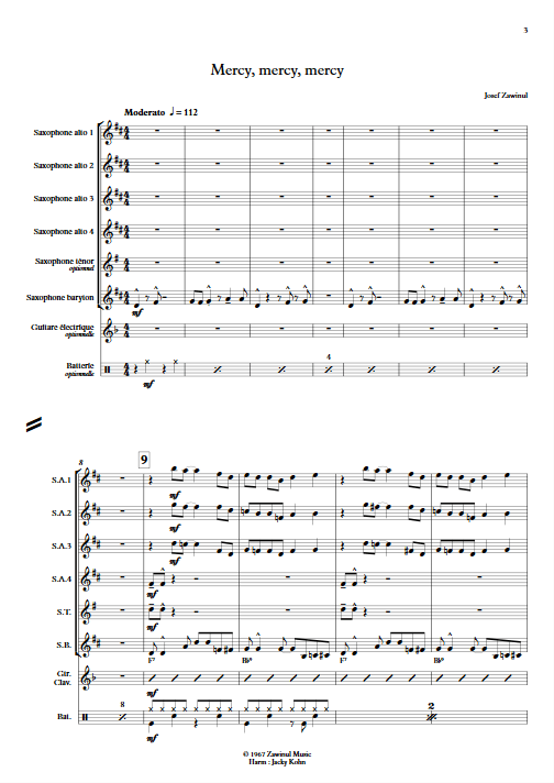 Mercy Mercy Mercy - Ensemble de Saxophones - ZAWINUL J. - Partition