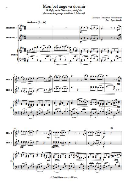 Mon bel ange va dormir - Trio 2 hautbois et piano - FLEISCHMANN F. - Partition