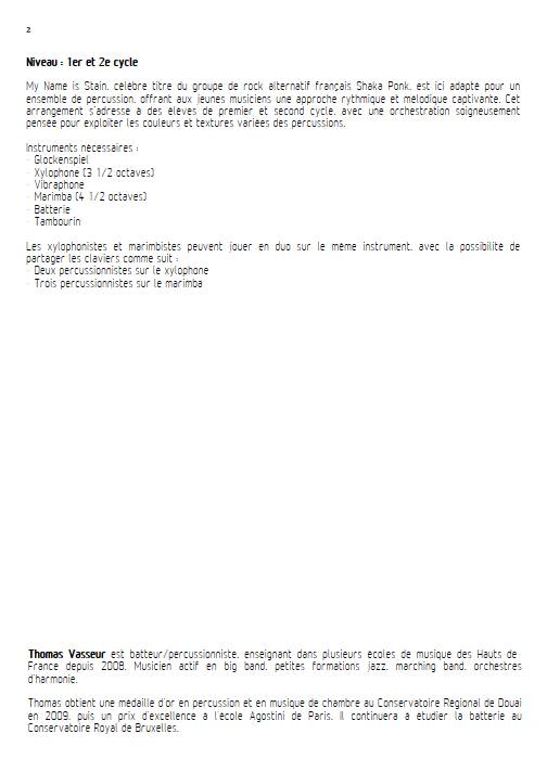 My Name Is Stain - Ensemble de Percussions - CHARON F. - Fiche Pédagogique