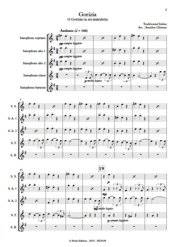O Gorizia - Quintette de saxophones - TRADITIONNEL ITALIEN - Partition