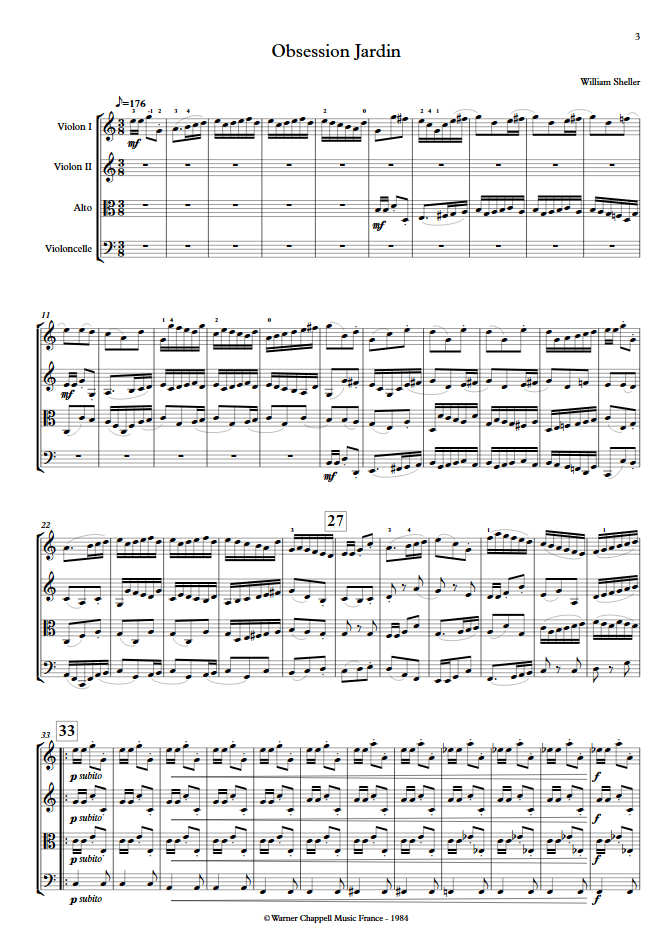 Obsession Jardin - Quatuor à Cordes - SHELLER W. - Partition