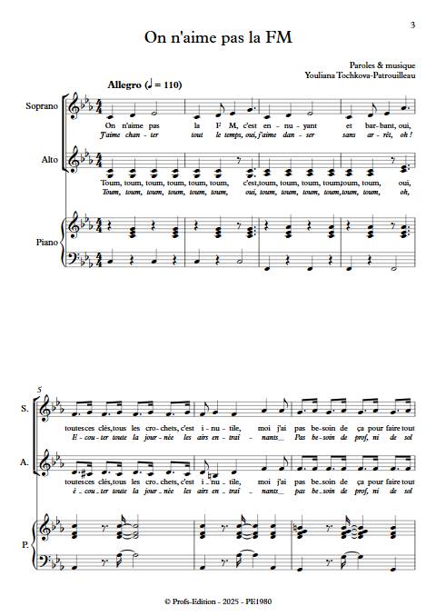 On n'aime pas la FM - Piano Voix - TOCHKOVA-PATROUILLEAU - Partition