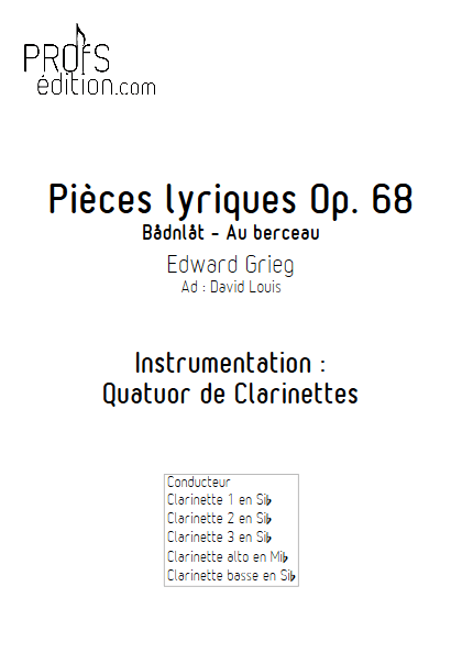 Pièce Lyrique Op.68 - Quatuor de Clarinettes - GRIEG E. - page de garde