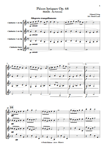 Pièce Lyrique Op.68 - Quatuor de Clarinettes - GRIEG E. - Partition