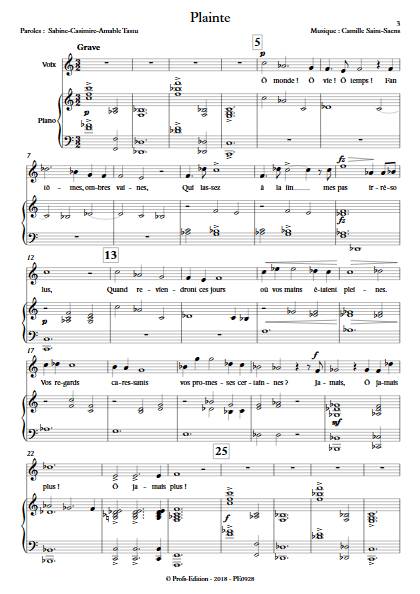 Plainte - Piano Voix (ou instrument) - SAINT-SAENS C. - Partition