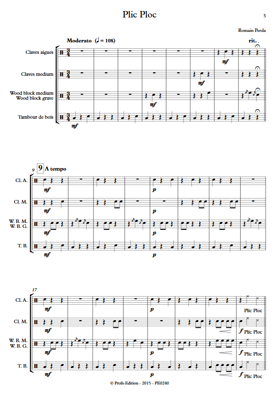 Plic Ploc - Quatuor de Percussions - PERDA R. - Partition